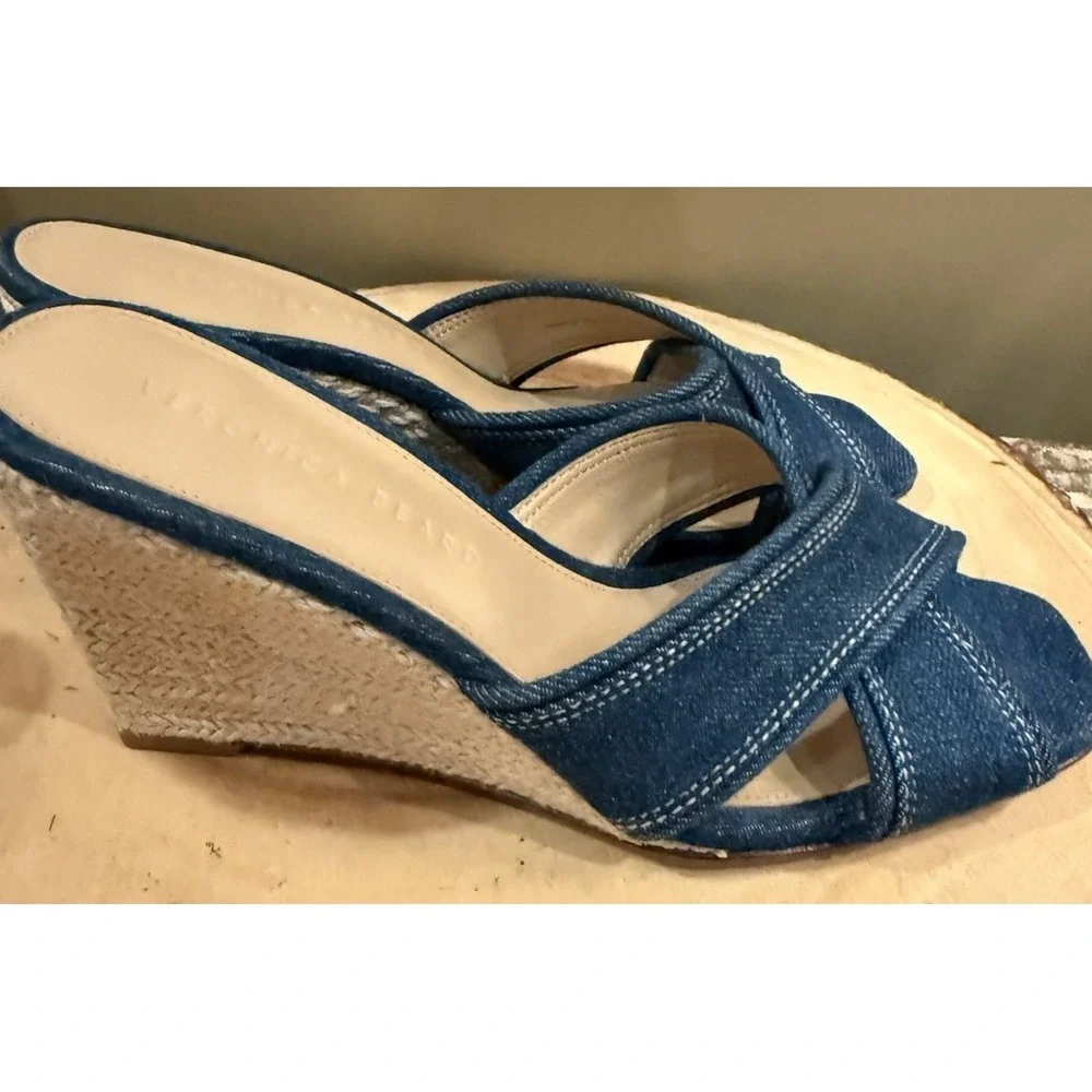 Veronica Beard Edna‎ Denim Wedge Espadrille Open Toe Sandals Size 7.5 New 395$